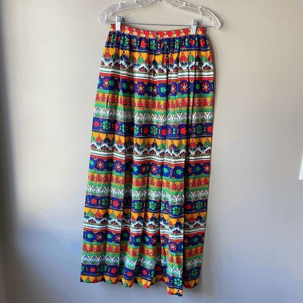 Vintage 70s Bold Folk Art Prairie Maxi Skirt – Vivid Colors – XS/S